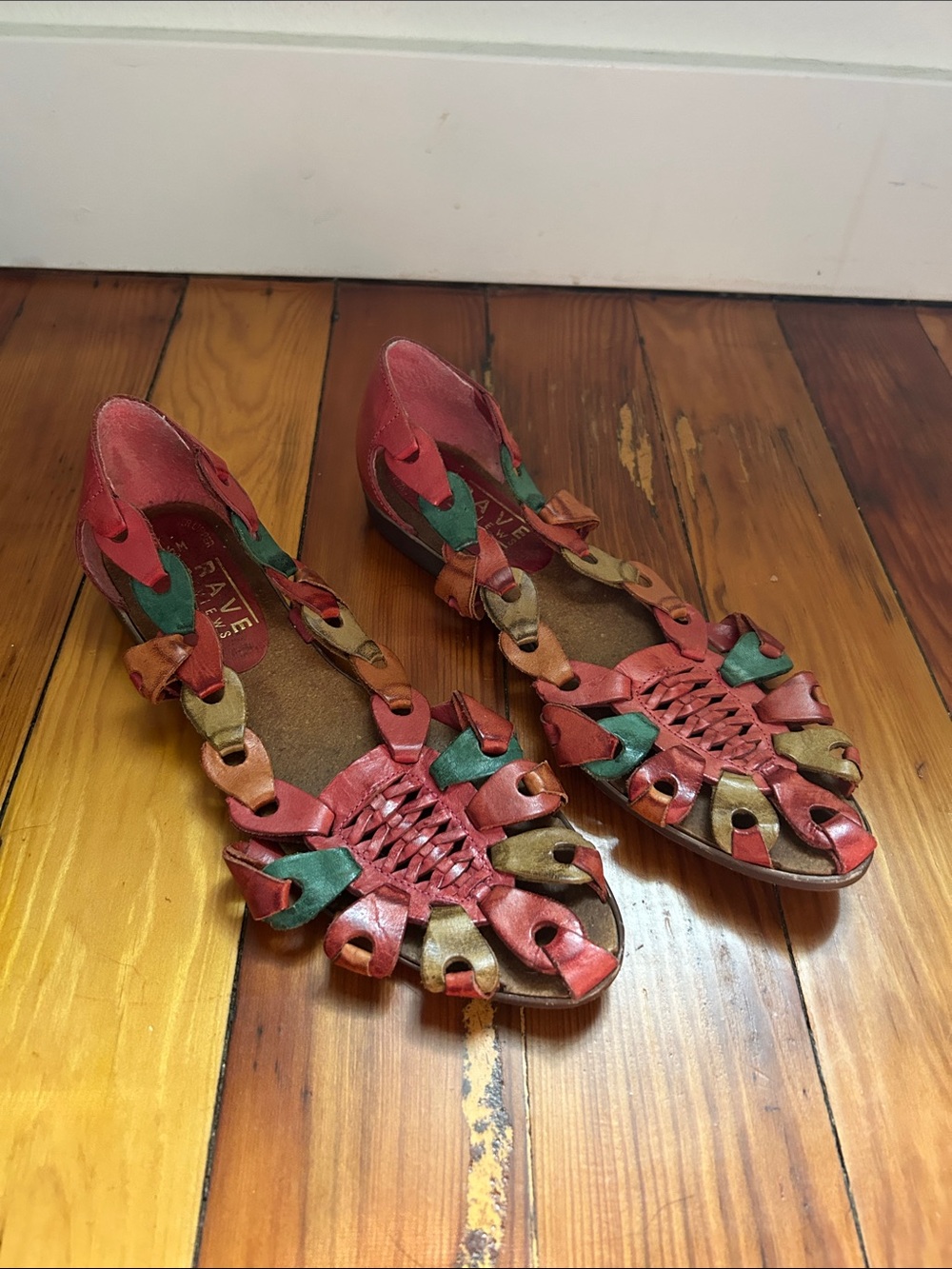 Woven Multicolor Leather Flat Sandals - Red & Green
